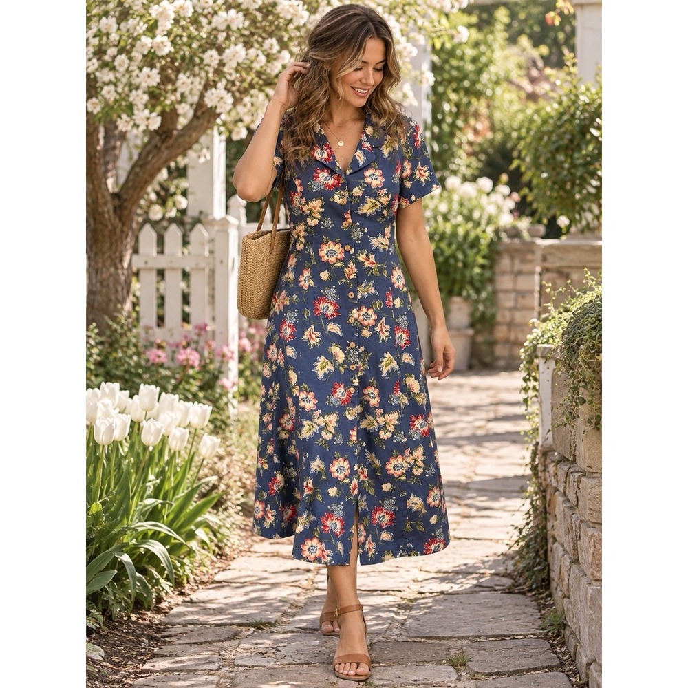 Vintage Susan Bristol Blue Floral Button Front Dress Size 12 Cottagecore